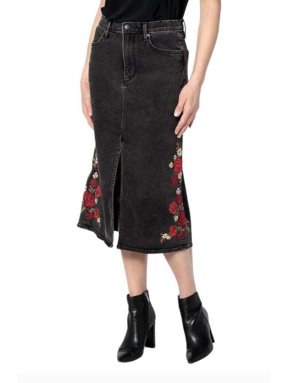 Driftwood Jeans Black Denim Skirt Rose Embroidered Size 0